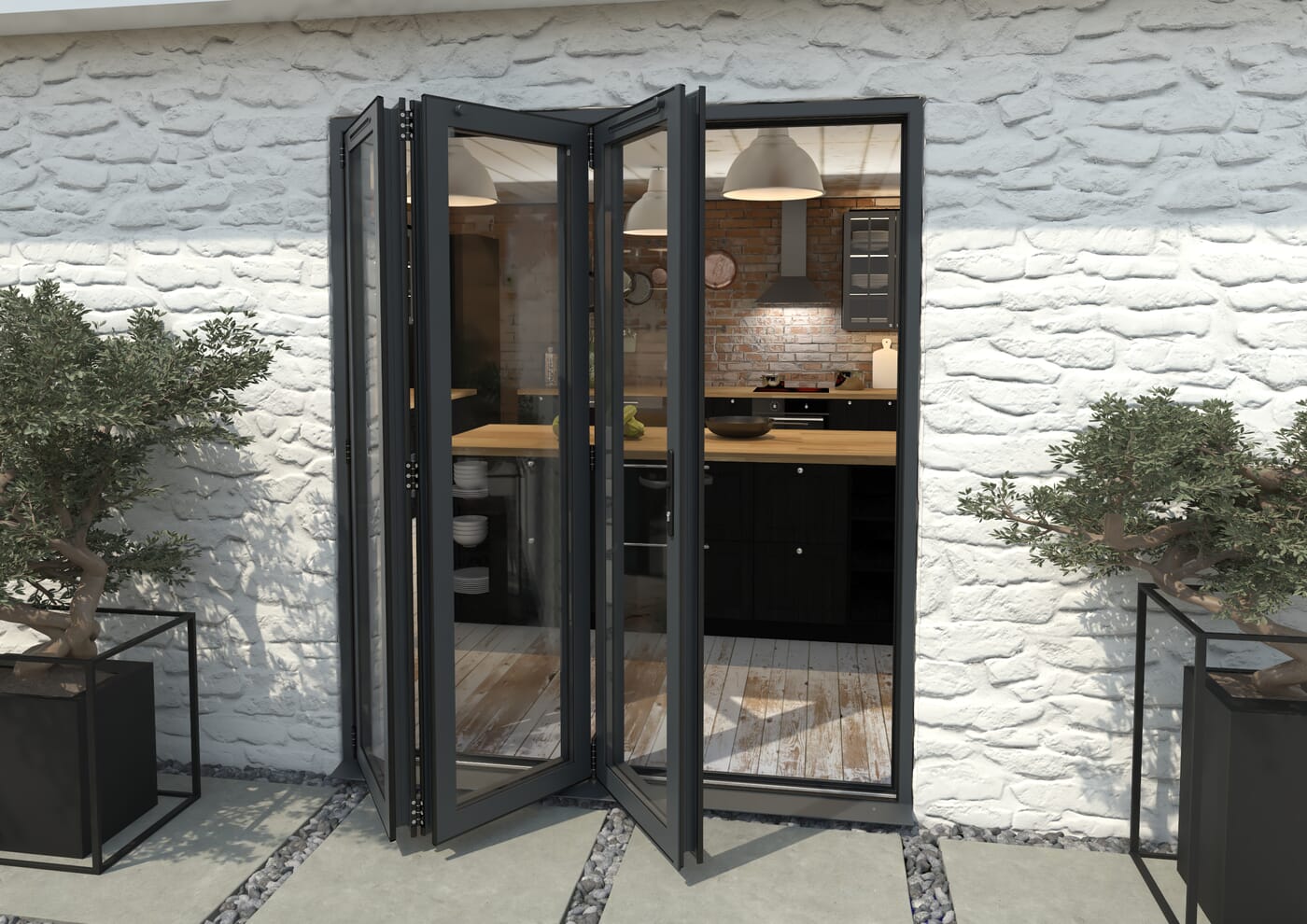 The bifold doors folded open in a concertina stack, showing the black hinges and the kitchen behind